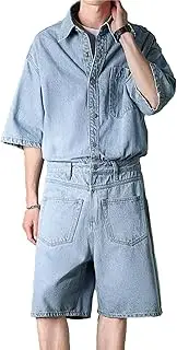 [Maiyifu-GJ] Men's Knee Length Relaxed Fit Jumpsuit Casual Lightweight Button Hole Dungaree Bib Overall Denim Shorts