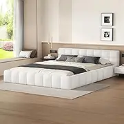 ALFORDSON Queen Size Mattress Topper Foundation with Wooden Slats, Boucle White Bed Frame with Boucle Fabric Tufting Upholstery,320kg Capacity