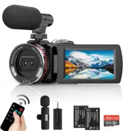 Video Camera Camcorder 4K 64MP 60FPS w/Wireless Mic for Vlogging YouTube,64GB SD