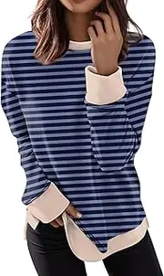 [Generic] Womens Thermal Top Plus Size Tops Casual Blouses for Women Crewneck Loose T Shirts Trendy Tunics Long for Women Striped Printed Pullover
