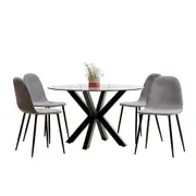 Rylee 120cm Black Round Table w/ 4 Halsa Chairs Dining Set Grey Marle