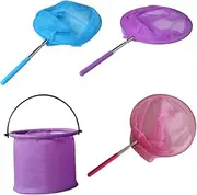 PERSELOSO 4pcs Extendable Mesh Cage Bug Catching Nets Retractable Insect Nets with Non Slip Handle Pocket Design for Safe Insect Catching Includes Purple Bucket