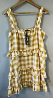 Boohoo Yellow White Ruffle Detail Swing Dress Size 6 Plaid New With Tags