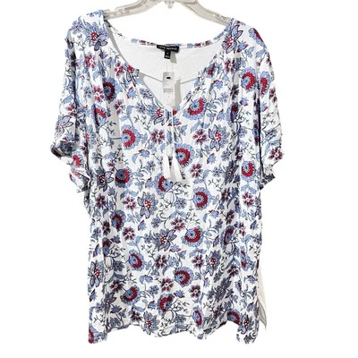 Lane Bryant Red/White/Blue Floral Boho Top with Tassel Tie Size 22 NWT