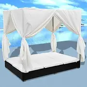 Outdoor Lounge Bed with Curtains, Poly Rattan Black, Weather-Resistant Luxury Daybed, Adjustable Double Sun Lounger, Cushioned, 197 x 140 x 180 cm, for Garden and Patio