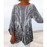 Women's Blouse Chiffon Daily Basic Leaf Print Long Sleeve Long Tops Round Neck Casual Holiday Blue Green Gray Fall Winter