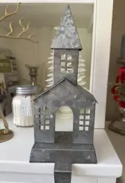 Pottery Barn ~GALVANIZED METAL CHAPEL~ Village STOCKING HOLDER ~CHRISTMAS~ Lit