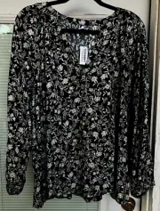 NWT XL OLD NAVY BLACK IVORY FLORAL PRINT PEASANT BOHO BLOUSE TOP 100% RAYON #TK