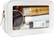 FFpaw Clear Makeup Bag Organizer, TSA Approved Portable Travel Toiletry Bag Multipurpose Cosmetic Bag Case for Women Vegan Leather Make Up Pouch Transparent Vinyl Windows, White C, Travel Toiletry Bag