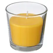 SVARTOXBÄR scented candle in glass, Mimosa/yellow, 25 hr