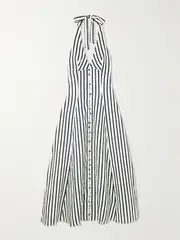 [Faithfull] Faithfull - Marie Striped Linen Halterneck Midi Dress - Blue - small small Blue