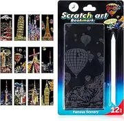 12PCS Scratch Art Paper City Series Night Landmarks Rainbow Scratch Paper with Scratching Tool Night View Engraving DIY Art Craft Kit Scratch Art for Kids Adults -8.6 X 4.7 Inches