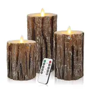 Catzon 3Pcs Pine Bark Flameless Candles with Remote Control Cycling 24H Timer