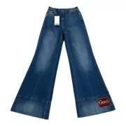 Gucci Wide Leg Flare Jeans Women Sz 23X32 Blue Denim Bell Bottom Patch Boho NWT