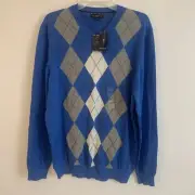 Club Room Men's Size Blue Gray Argyle Pima Cotton V Neck Pullover Sweater L NWTs