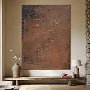 handmade textured oil painting abstract earth tones aged effect brown taupe deep charcoal cracks canvas wall art vintage inspired minimalist decor living room