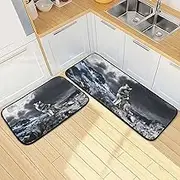 Wolf Sit Howling Moon Kitchen Mats for Floor, 2 Piece, Funny Cute Washable Non-Slip Kitchen Rugs Set for Home & Office, Sink, Laundry, 19.7” x 27.6” + 19.7” + 47.2”