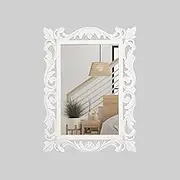 Homebia Designs White Antique Carved Wall Mirror, MDF Wood Frame with Ornate Design - Decorative Accent for Living Room, Bedroom, and Hallway - 18x24 Inch