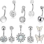 [Jupwalz] 10 Pcs Hypoallergenic Belly Button Rings, 14G Surgical Steel Belly Button Rings for Women Girl, Cubic Zirconia Diamond Belly Button Barbs Belly Piercing Jewelry
