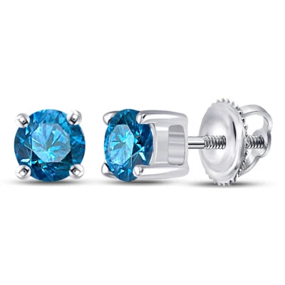 10k White Gold Womens Blue Color Enhanced Round Diamond Solitaire Screwback