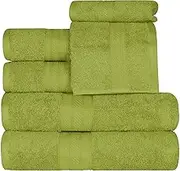 SUPERIOR Long Staple 100% Combed Cotton 700GSM, Durable, Plush and Absorbent 6-Piece Single Ply Towel Set, 2 Face/Washcloths, 2 Hand Towels, 2 Bath Towels, Green Essence