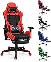 Costway Massage Gaming Chair, High Back Adjustable Racing Computer Desk Chair w/Footrest & Massage Lumbar Cushion, Head Pillow & Adjustable Armrests, Executive Ergonomic Swivel Chair (Red)