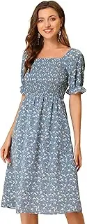 [Allegra K] Women's Square Neck Puff Sleeves Casual Midi Smocked Floral Dress
