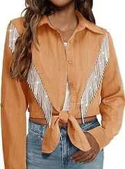 [MYMORE] Womens Rhinestone Fringe Cropped Button Down Shirt Rolled 3/4 Sleeve Tie Front Top Nashville Western Cowgirl Outfit