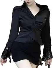 [Generic] Women Spring Flare Sleeve Lace Shirts Turn-Down Collar Patchwork Long Sleeve Asymmetrical Folds Blouses