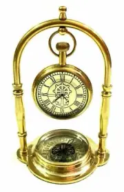 Desk Clock Compass Antique Maritime Solid Brass Hanging Nautical Home Decor Item