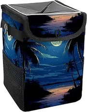 Car Trash Can with Lid and Storage Pockets Leak-Proof Organizer,Waterproof Garbage Can,Tropical Beach at Night Pattern
