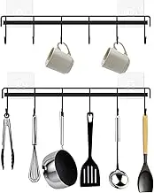 HOMEBROS Kitchen Utensil Hanger, Adhesive Utensil Holder Wall Mount Kitchen Rack Rail with 12 Hooks, Space Saving and No Drilling, Black, 2 Pcs