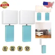 Stylish Aqua Table Lamps - Leather Base & White Shade Set of 2 for Chic Decor