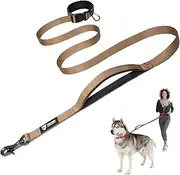 TSPRO Hands Free Dog Lead with Safety Padded Handle and Metal Buckle, Adjustable Dog Leash for Medium to Large Dogs, Durable and Comfortable for Walking & Running (Khaki)
