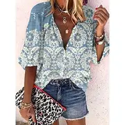 Women's Summer Tops Floral Graphic Paisley Vintage Daily Stylish 3/4 Length Sleeve V Neck Regular Tops Daily Print Maroon Sky Blue Dusty Blue Rose Pink Light B