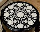 Round Black Marble Coffee Table Top Mother of Pearl Inlay Work Indoor Side Table