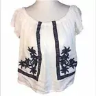 Romeo Juliet Couture Peasant Top Women Small White Blue Shirt Blouse Retail $108