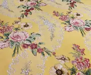 SCALAMANDRE PINKS ON YELLOW "CLAIRE DE LUNE" HAND PRINTED FLORAL FAILLE FABRIC