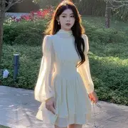 Long-Sleeve Mock Neck Plain Chiffon Mini A-Line Dress White - M