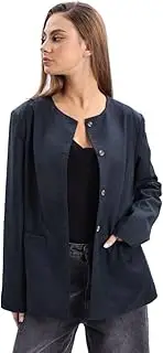 [Amazhiyu] Women's Linen Blend Round Neck Button Up Blazers Long Sleeve Coat Office