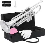 Ktaxon Bb Standard Trumpet for Beginners,Trumpet for Student with Hard Case,7C Mouthpiece,Cleaning Cloth,Gloves,Brass Instruments for Kids and Adults(Silver)