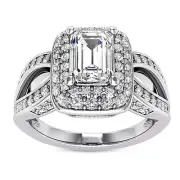 Double Halo Split Shank 1.95 Carat VS1/H Emerald Cut Diamond Engagement Ring