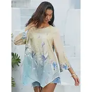 Women's Blouse Chiffon Basic Abstract Print Long Sleeve Long Tops Round Neck Casual Holiday Yellow Light Green Spring Fall