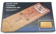 CRIBBAGE BOARD OAK FOLDING TWO TRACK 15 INCH METAL PEGS CARD STORAGE AREA NEW