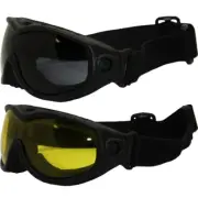 2 HERON FOAM PADDED MOTORCYCLE GOGGLES SMOKE YELLOW WITH POUCH