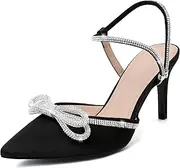 Susanny Women's Closed Toe Rhinstone Wedding Low Heel Slingback Clear Kitten Heels,Adjustable Strap Pointed Toe Bow Pumps High Heeled Prom Dress Shoes