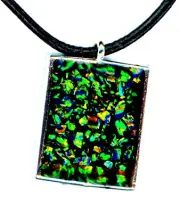 GREEN OPAL PENDANT, silver framed mosaic Necklace, leather cord