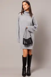 Grey Knit Dress Long Sleeve Jumper - Size M, Women's Knit Dress
