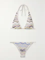[Missoni] Missoni - Mare Striped Metallic Crochet-knit Halterneck Triangle Bikini - Blue - IT48 IT 48 Blue