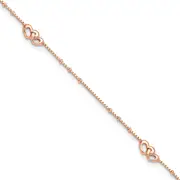 Sterling Silver Rose-Tone Polished Hearts 9In Plus 1In Ext Anklet